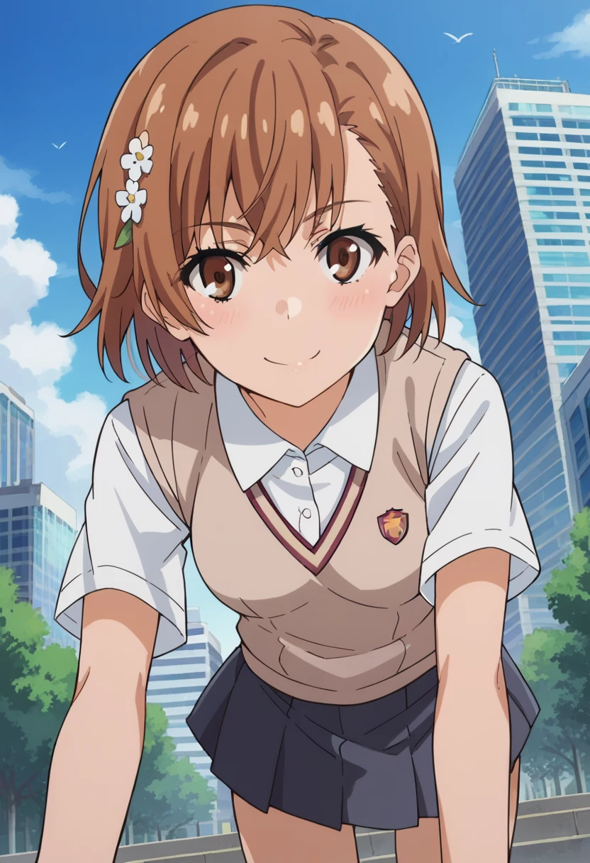 score_9, score_8_up, score_7_up, source_anime,
mikotomisaka, mikoto misaka, short hair, brown hair, hair ornament, hair flower, brown eyes,
skirt, shirt, school uniform, white shirt, short sleeves, pleated skirt, grey skirt, sweater vest, tokiwadai school uniform,
outdoors, cityscape, smile, bent over,
looking at viewer, cowboy shot, dutch angle, skirt lift, exposed underwear