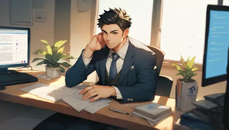 officeワーカー, alone, operate your computer at your desk, japanese, black hair, brown eyes, male, suit, office