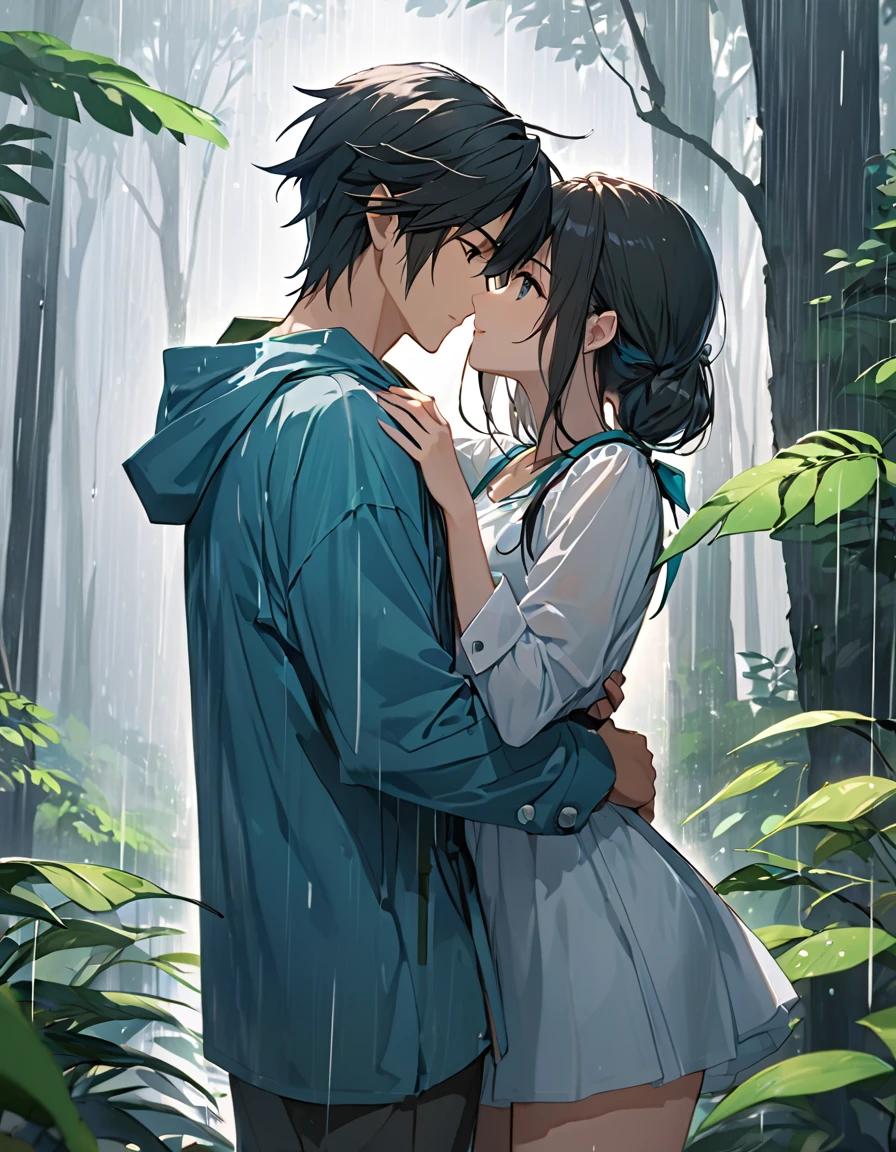 A young man named Link and a black-haired girl embrace each other while looking at each other.、in the rain、In the forest