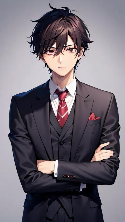 anime middle aged male in a dark red suit and tie, Sleepy look、Sleepy eyes、inspired by Okumura Togyu, Kentaro Miura manga art style, anime portrait of a handsome man, kentaro miura manga style, anime handsome man, kentaro miura art style, whole body、Character portrait、front