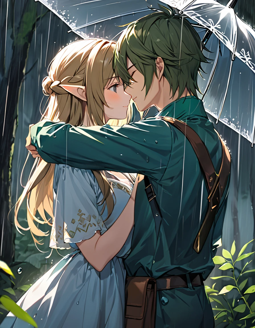 A young man named Link and a girl embrace each other while looking at each other.、in the rain、In the forest