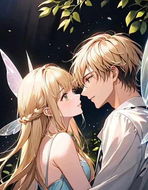 a fairy blond young man and girl embrace each other while looking at each other