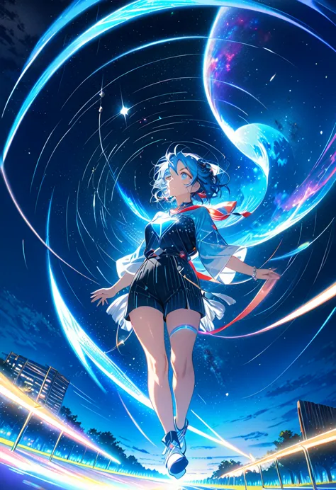 anime((highest quality, high resolution, very detailed))beautiful adult woman、woman looking up at the night sky、blue hair、beauti...