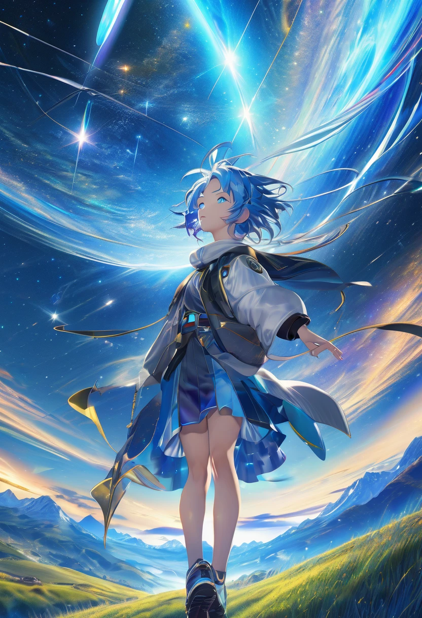 anime((Highest quality, High resolution, Very detailed))Beautiful adult woman、Woman looking up at the night sky、Blue Hair、Beautiful Blue Eyes、Star trajectory、Star Trail、meteor、星にWishを、Low - Angle、A fantastic and magnificent night sky、gem、shine、dream-like、Wish、wallpaper 8k