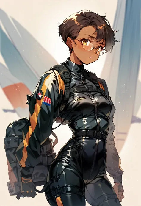 beautiful shy anime pilot woman, tanned skin, short brown hair, aviator glasses, yellow eyes, black tactical leather flightsuit,...