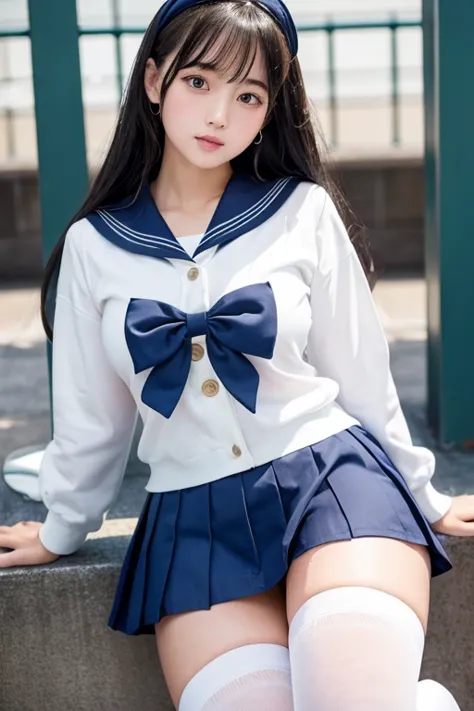 1 high school girl，Sailor suit，mini skirt，Knee-high socks，sexy，Soft thighs，Glowing Skin，Beautiful Hair，ローアングルPlump，Plumpな太もも，Thick thighs，Delicate facial expression，Detailed body，Wet body，Plump，Too much exposure、Spread your legs