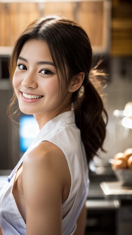 Realistic, photoRealistic, detailed, beautiful, RAW Photos, Cowboy Shot, bakeryで働くかわいい日本人の女性, 28years old, Smile,  White shirt, Apron only for the waist, Low Ponytail, Medium Breast, bakery, Lots of bread,Dramatic backlighting, Reflected light illuminates the face from below, 