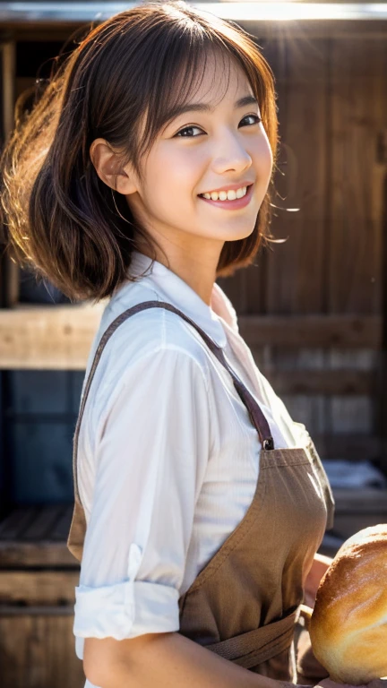 Realistic, photoRealistic, detailed, beautiful, RAW Photos, Cowboy Shot, bakeryで働くかわいい日本人の女性, 28years old, Smile,  White shirt, Apron only for the waist, Low Ponytail, Medium Breast, bakery, Lots of bread,Dramatic backlighting, Reflected light illuminates the face from below, 