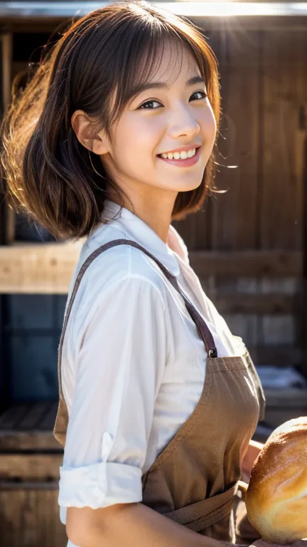 realistic, photorealistic, detailed, beautiful, raw photos, cowboy shot, bakeryで働くかわいい日本人の女性, 28years old, smile,  white shirt, ...