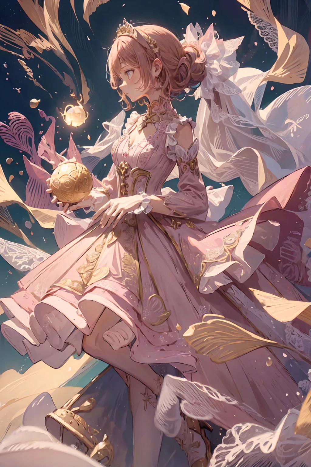 (Highest quality,4K,High resolution,masterpiece:1.2),Very detailed,Realistic:1.37,,(whole body, I can see your feet and shoes: 1.2),、((Pink Dress)), Hyperrealistic photo of a girl in a majestic light pink and gold ball gown dress, Big beautiful dress, Lots of frills and rhinestones、Intricately voluminous ball gown (Highest quality, Tabletop, Art Station, Fantasy art:1.2), 美しいcute女の子, (Long blonde curly hair:1.1), (Intricate short gold skirt, whole bodyショット)、Anime Style、Storytelling、、Beautiful girl、とてもcute天使、Pink Gothic Dress、cute、Baby Face、smile、Long Skirt、,Black long boots、Highest quality, masterpiece, 最High resolution, artwork, super それにGet used to it, many Get used to it, Get used to it, それにGet used to it, woman, ,((Pink Victorian Voluminous Ball Gown Dress)),Long dress,A dress with lots of frills and ribbons..Wearing a tiara on her head,luxury,One person, Pink brown hair,Pink Eyes、Pink World,(A girl wearing a pink princess skirt),Pink Hair,pink bedroom layout,Pink Bed,Pink mosquito net,Pink furniture,Pink color palette,(zenTangle, Mandala, Tangle, enTangle:0.6),(Making Art),The most beautiful chaotic shapes,Beast Design,behind,Pink High Heels,Perfect hands,
