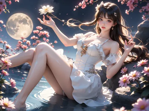 flower_dress (high quality details), 1 girl, solo, young women, elegant posture, ((night, moonlight)), (female figure，lying in t...