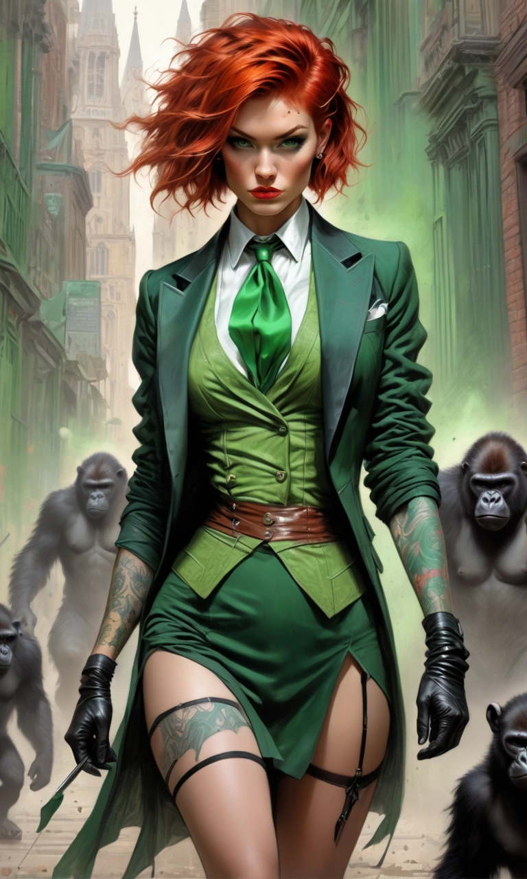 pastel drawing technique, Marvel comics style, the image of the most beautiful red-haired supermodel with a short punk hairstyle in the image of a tattooed girl dressed in green sexy lingerie with stockings in London of the 2020s, walking with a gorilla dressed in a tuxedo, combining elements of the style of Luis Royo, with dynamic lines characteristic of Boris Vallejo and abd Van Gogh, a pastel painting technique that prefers cool color