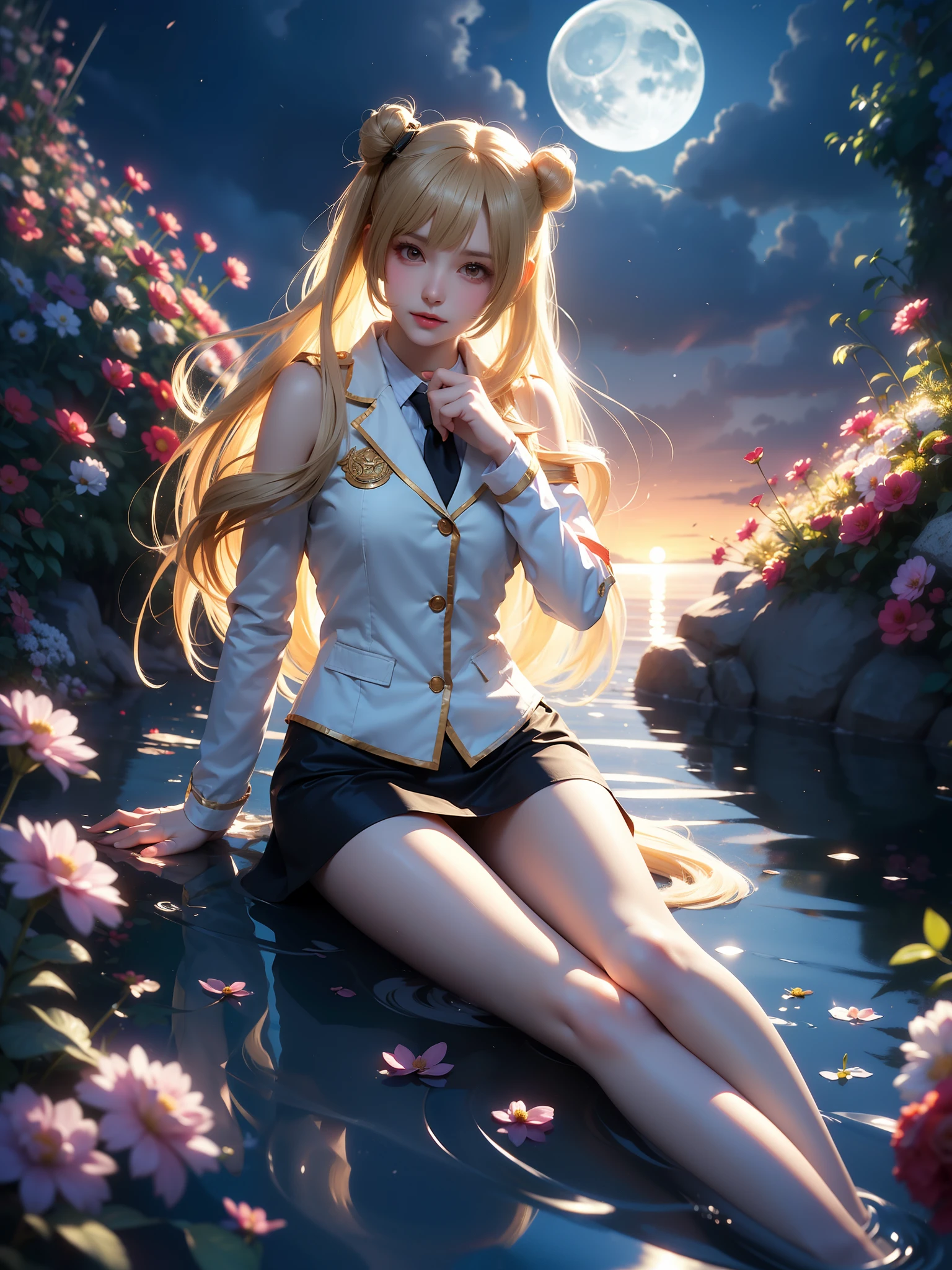 Minami Kotori,
cosplay
police uniform,
long hair, blonde hair,bangs, side ponytail,single hair bun,
police uniform, policewoman, skirt, pantyhose,high heels,, (High quality details), 1 Girl, solo, Young women, Elegant Posture, ((night, moonlight)), (Female figure，Lying in the water naturally，River Water，rock, Relaxed expression), (Focus on natural body posture and correct anatomy:1.3), (Perfect leg proportions:1.3)，(True and accurate leg shape:1.2), ((Natural leg position)), The skirt is very short, One hand stroked the hem of the skirt, Lift the hem of your skirt, Bare shoulders, Natural posture, Soft expression, Exquisite makeup, Soft blush, Bright Eyes, Soft lips, Flower fairy style, ((Anatomically accurate)), (Real natural legs), Smooth skin, Soft lighting, high resolution, 8K Ultra HD, Clear focus, Professional photography effects, Random elegant scenes, Multi-angle shooting