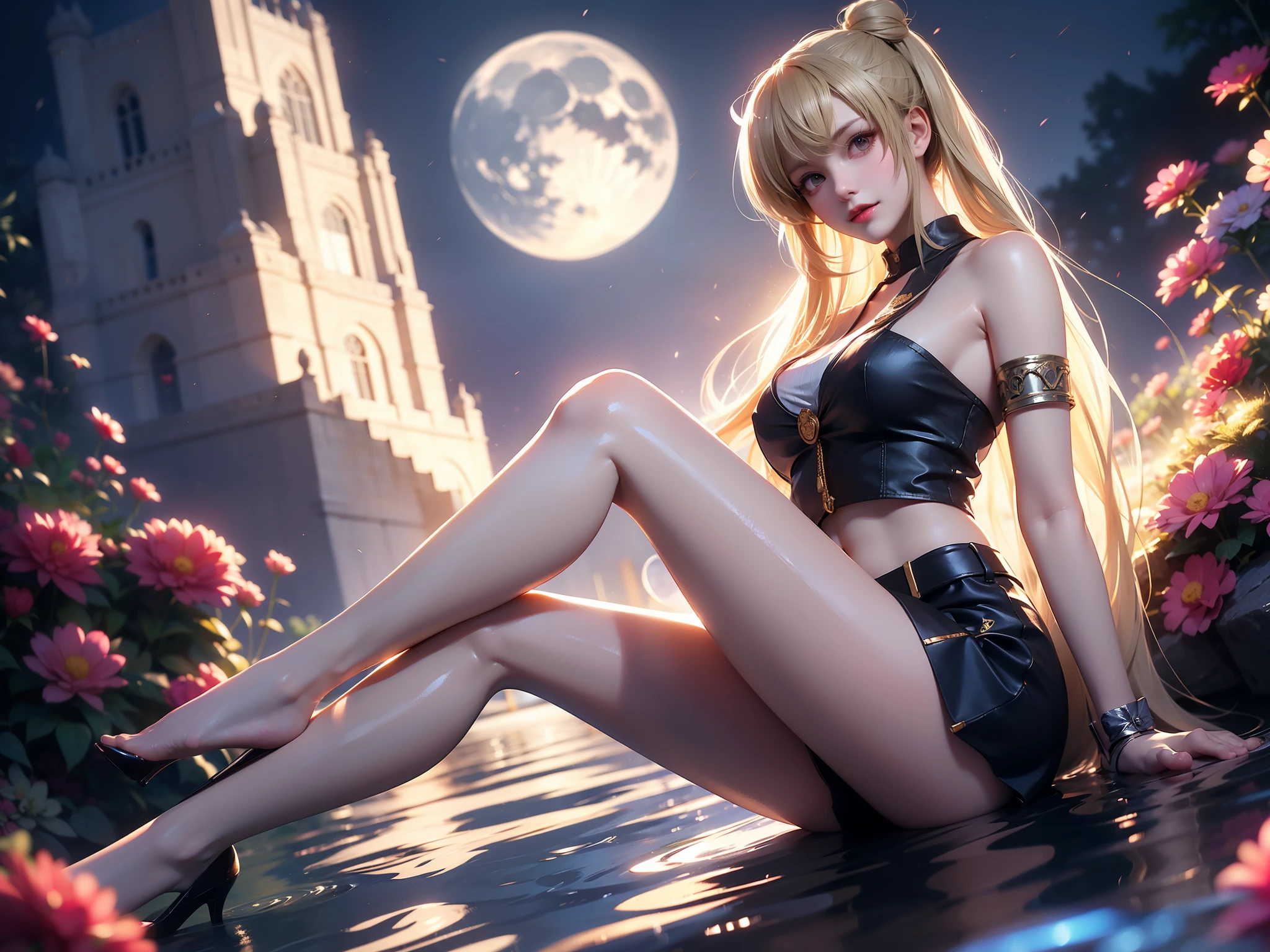 Minami Kotori,
cosplay
police uniform,
long hair, blonde hair,bangs, side ponytail,single hair bun,
police uniform, policewoman, skirt, pantyhose,high heels,, (High quality details), 1 Girl, solo, Young women, Elegant Posture, ((night, moonlight)), (Female figure，Lying in the water naturally，River Water，rock, Relaxed expression), (Focus on natural body posture and correct anatomy:1.3), (Perfect leg proportions:1.3)，(True and accurate leg shape:1.2), ((Natural leg position)), The skirt is very short, One hand stroked the hem of the skirt, Lift the hem of your skirt, Bare shoulders, Natural posture, Soft expression, Exquisite makeup, Soft blush, Bright Eyes, Soft lips, Flower fairy style, ((Anatomically accurate)), (Real natural legs), Smooth skin, Soft lighting, high resolution, 8K Ultra HD, Clear focus, Professional photography effects, Random elegant scenes, Multi-angle shooting