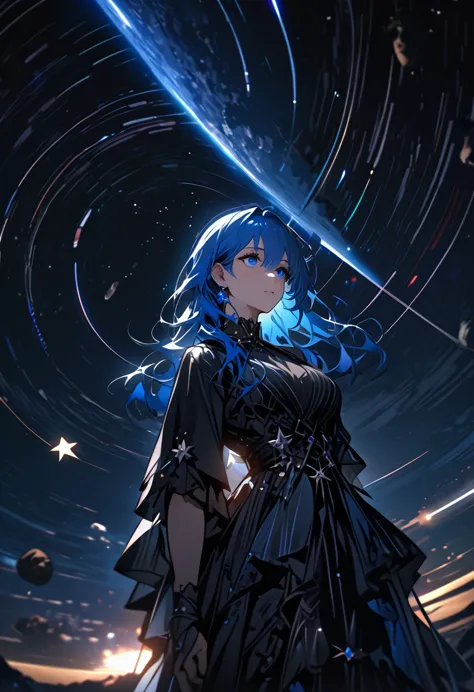 ((highest quality, high resolution, very detailed))beautiful adult woman、woman looking up at the night sky、blue hair、beautiful b...