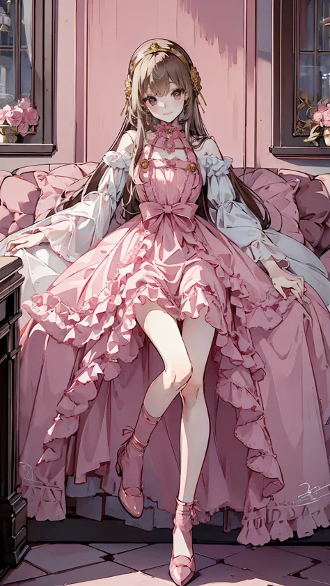 (Highest quality,4K,High resolution,masterpiece:1.2),Very detailed,Realistic:1.37,,(whole body, I can see your feet and shoes: 1.2),、((Pink Dress)), Hyperrealistic photo of a girl in a majestic light pink and gold ball gown dress, Big beautiful dress, Lots of frills and rhinestones、Intricately voluminous ball gown (Highest quality, Tabletop, Art Station, Fantasy art:1.2), 美しいcute女の子, (Long blonde curly hair:1.1), (Intricate short gold skirt, whole bodyショット)、Anime Style、Storytelling、、Beautiful girl、とてもcute天使、Pink Gothic Dress、cute、Baby Face、smile、Long Skirt、,Black long boots、Highest quality, masterpiece, 最High resolution, artwork, super それにGet used to it, many Get used to it, Get used to it, それにGet used to it, woman, ,((Pink Victorian Voluminous Ball Gown Dress)),Long dress,A dress with lots of frills and ribbons..Wearing a tiara on her head,luxury,One person, Pink brown hair,Pink Eyes、Pink World,(A girl wearing a pink princess skirt),Pink Hair,pink bedroom layout,Pink Bed,Pink mosquito net,Pink furniture,Pink color palette,(zenTangle, Mandala, Tangle, enTangle:0.6),(Making Art),The most beautiful chaotic shapes,Beast Design,behind,Pink High Heels,Perfect hands,
