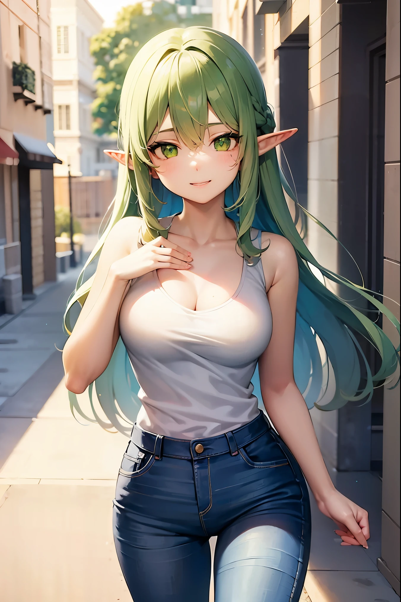 (masterpiece, best quality, detailed) ,1girl, highelfarcher, high elf archer, elf, (green eyes:1.5), (green hair:1.2), hair between eyes, long hair, pointy ears, sidelocks, jeans walking down the street,cute anime girl, pretty anime girl, smooth anime cg art, beautiful anime girl, attractive anime girl, ecchi anime style, seductive anime girl.teasing smile, clean detailed anime art,high resolution, (perfect hands, perfect anatomy),