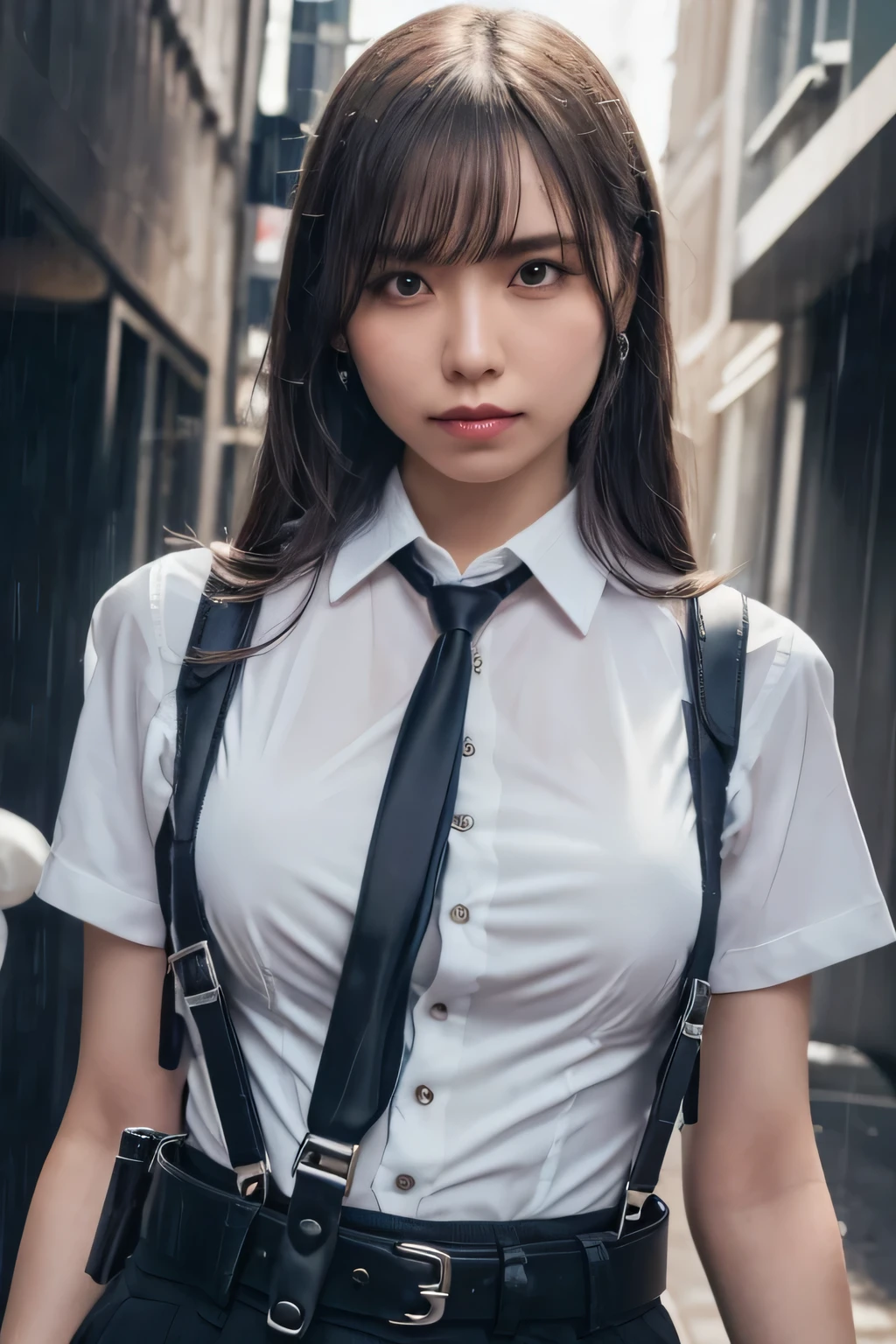 a woman in a suit, belt, hands behind back, sweating, suspenders, black pants, sexly, large breasts, see-through clothing, rain, detective, office worker, white button-up shirt, (best quality,4K,8k,highres,masterpiece:1.2),ultra-detailed,(realistic,photorealistic,photo-realistic:1.37),hyper-detailed,highly detailed face and body, Slender　thin　suspenders　Moderate breasts　See-through shirt　Nipples　holster　chain　Pistol　Armament　criminal　Female criminal　knife 　 Hands Behind Back　Constraints
