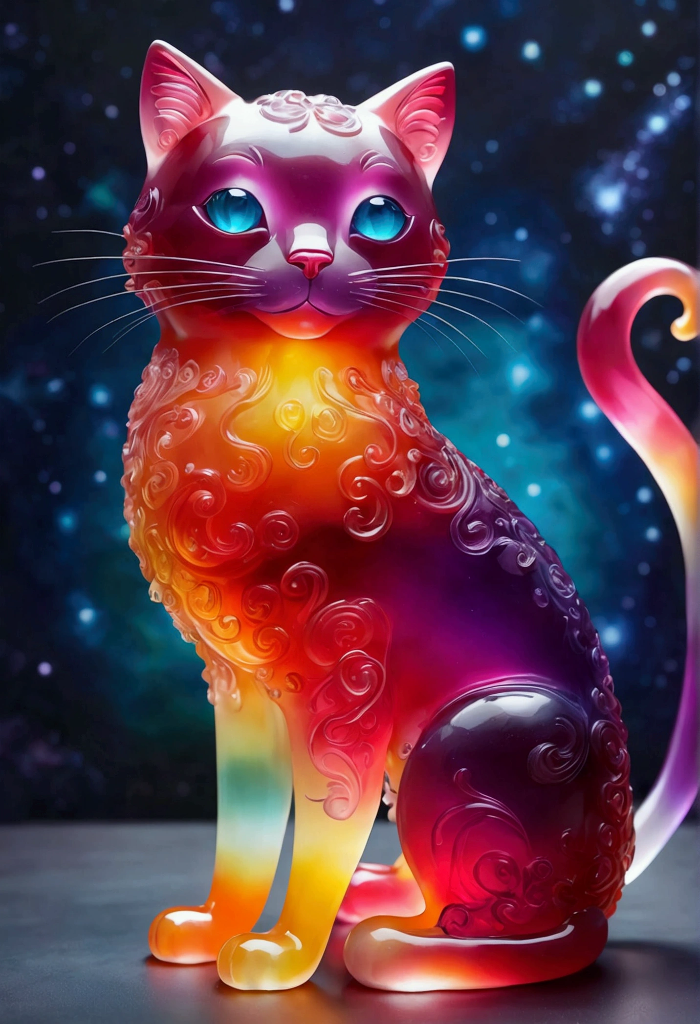 Giant cat made of jelly, Fantasy elements， Colorful Gradient (((masterpiece))), ((best quality)), ((Intricate details)) (Space Background)