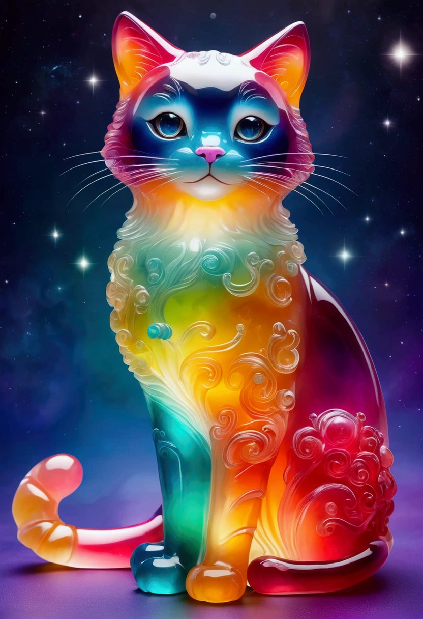 Giant cat made of jelly, Fantasy elements， Colorful Gradient (((masterpiece))), ((best quality)), ((Intricate details)) (Space Background)