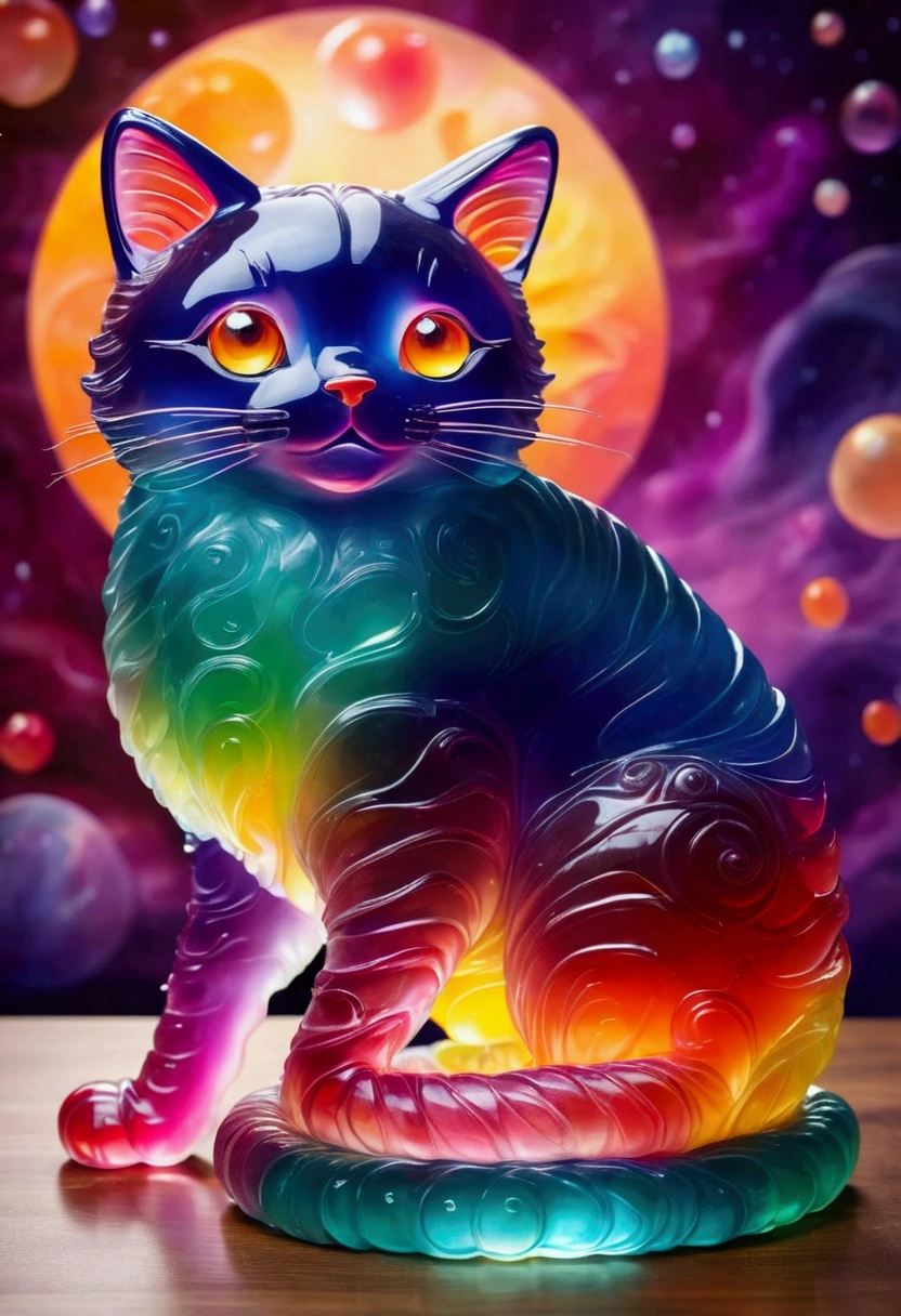 Giant cat made of jelly, Fantasy elements， Colorful Gradient (((masterpiece))), ((best quality)), ((Intricate details)) (Space Background)