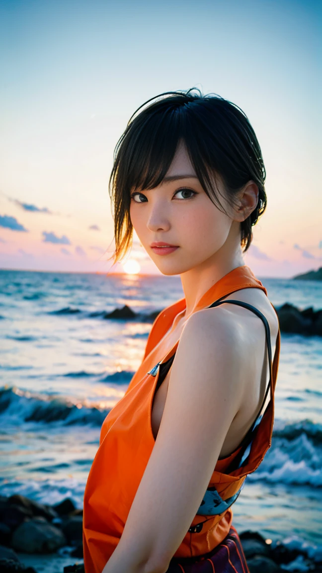 Japan adult female, , roll up style, , Sea Background, Portraiture, snap shot, selfie, masterpiece, high quality, high quality, 8k, Best image quality, Cinematic, Wearing orange lifejacket, front view