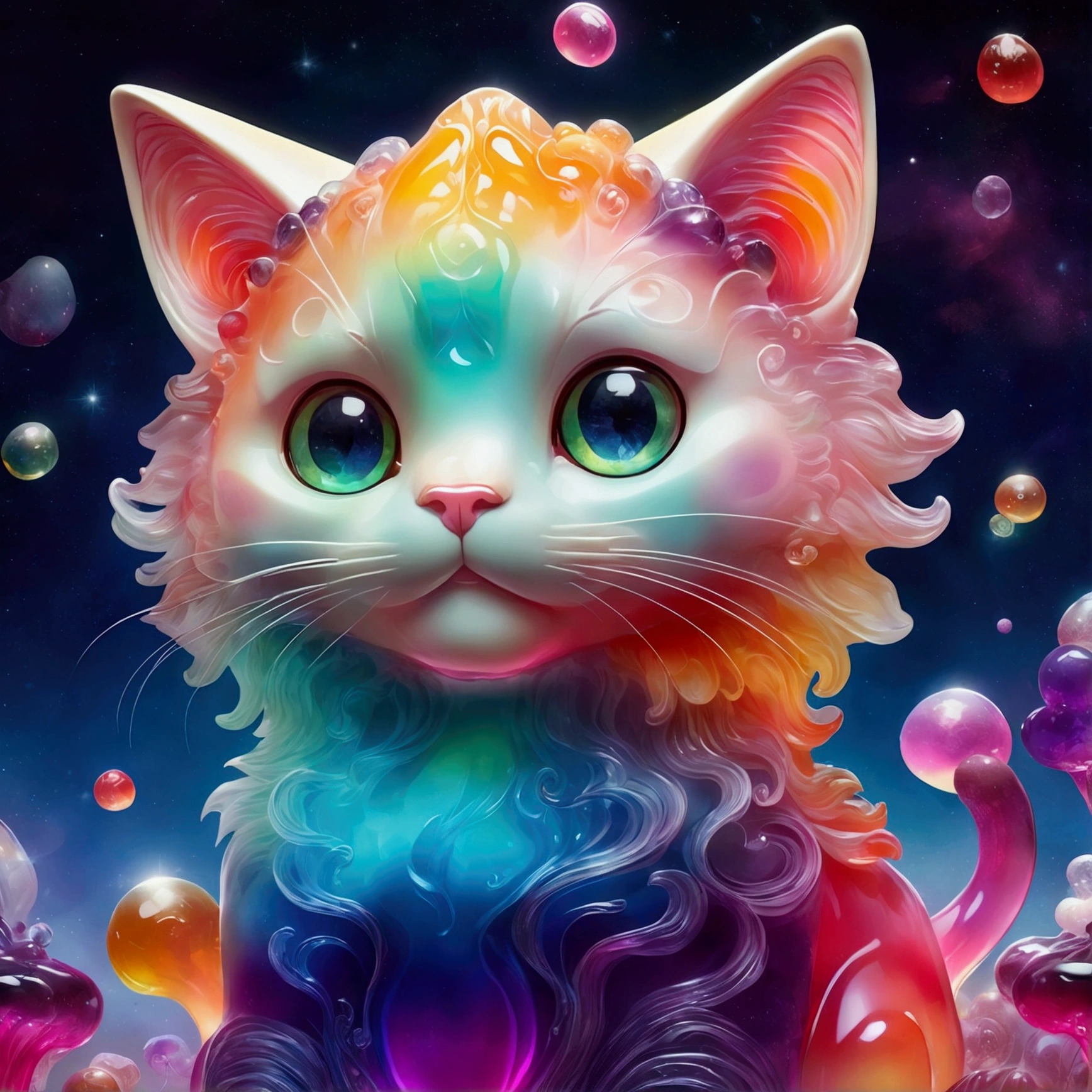 Giant cat made of jelly, Fantasy elements， Colorful Gradient (((masterpiece))), ((best quality)), ((Intricate details)) (Space Background)