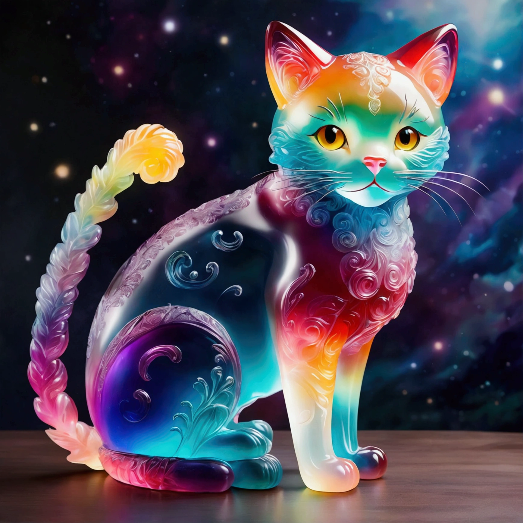 Giant cat made of jelly, Fantasy elements， Colorful Gradient (((masterpiece))), ((best quality)), ((Intricate details)) (Space Background)