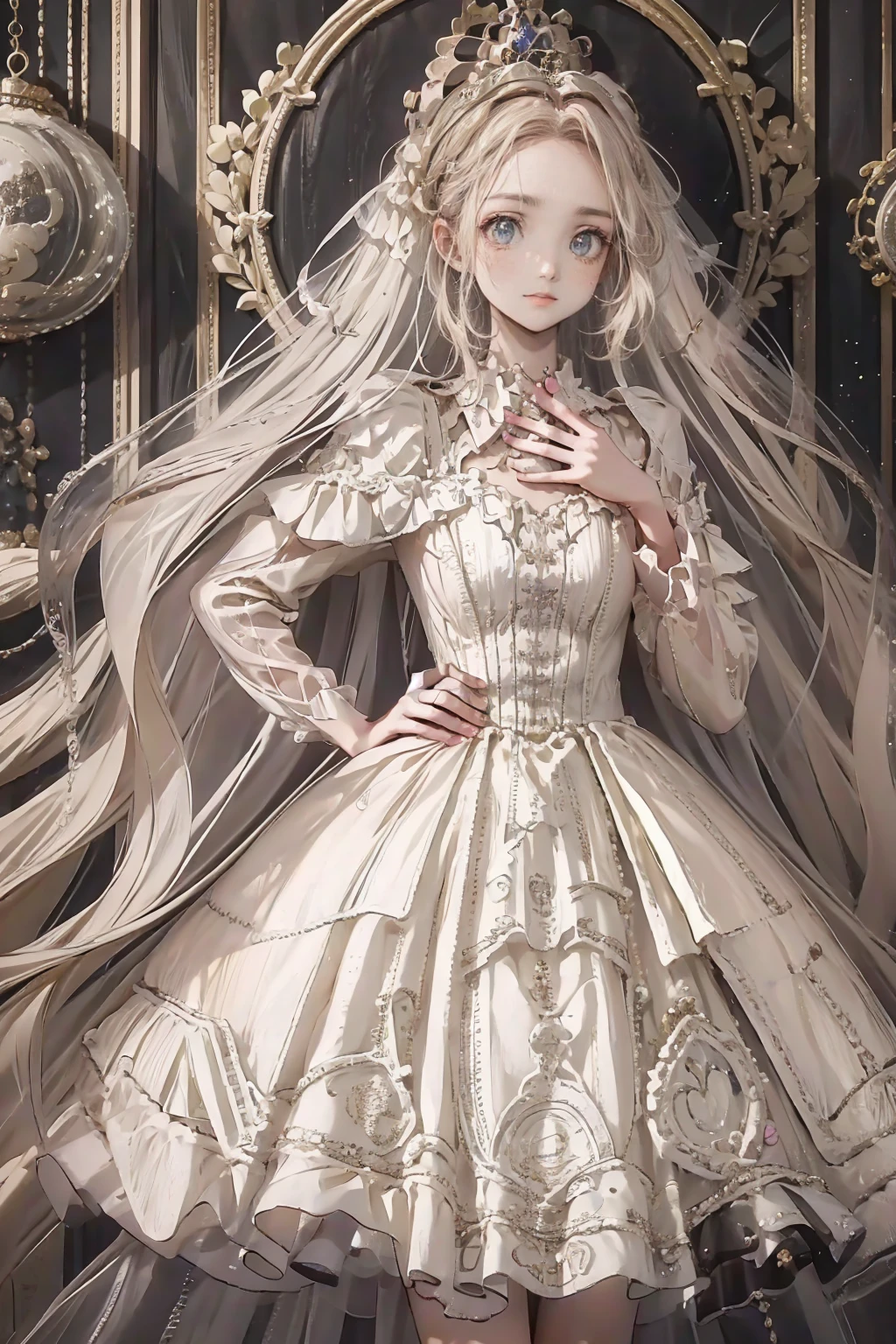 (Highest quality,4K,High resolution,masterpiece:1.2),Very detailed,Realistic:1.37,,、((Pink Dress)), Hyperrealistic photo of a girl in a majestic light pink and gold ball gown dress, Big beautiful dress, Lots of frills and rhinestones、Intricately voluminous ball gown (Highest quality, Tabletop, Art Station, Fantasy art:1.2), 美しいcute女の子, (Long blonde curly hair:1.1), (Intricate short gold skirt, Full Body Shot)、Anime Style、Storytelling、、Beautiful girl、とてもcute天使、Pink Gothic Dress、cute、Baby Face、smile、Long Skirt、,Black long boots、Highest quality, masterpiece, 最High resolution, artwork, super それにGet used to it, many Get used to it, Get used to it, それにGet used to it, woman, ,((Pink Victorian Voluminous Ball Gown Dress)),Long dress,A dress with lots of frills and ribbons..Wearing a tiara on her head,luxury,One person, Pink brown hair,Pink Eyes、Pink World,(A girl wearing a pink princess skirt),Pink Hair,pink bedroom layout,Pink Bed,Pink mosquito net,Pink furniture,Pink color palette,(zenTangle, Mandala, Tangle, enTangle:0.6),(Making Art),The most beautiful chaotic shapes,Beast Design,behind,Pink High Heels,Perfect hands,
