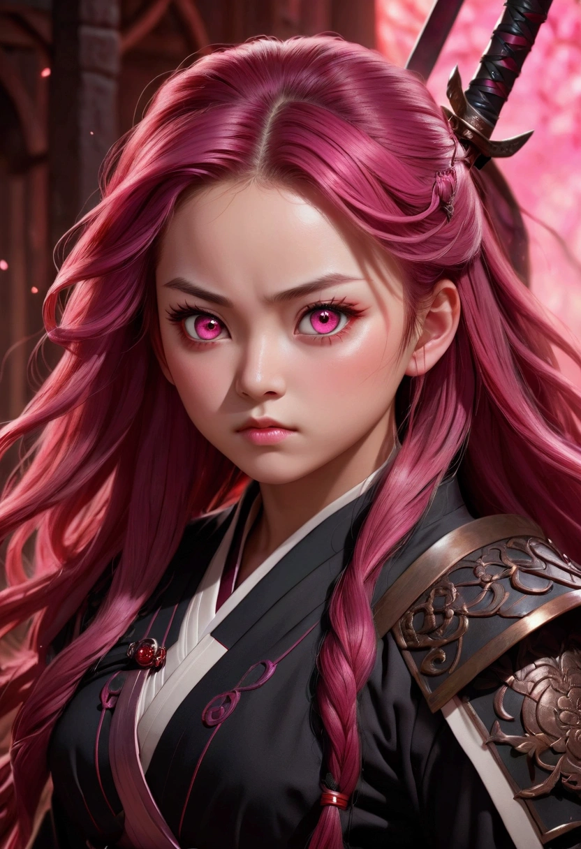 realistic demon slayer nezuko, 1girl, detailed face, beautiful detailed eyes, beautiful detailed lips, extremely detailed face, detailed hair, long hair, demon, slayer uniform, sword, red eyes, pink hair, standing pose, detailed background, cinematic lighting, dark fantasy, digital painting, highly detailed, 8k, photorealistic