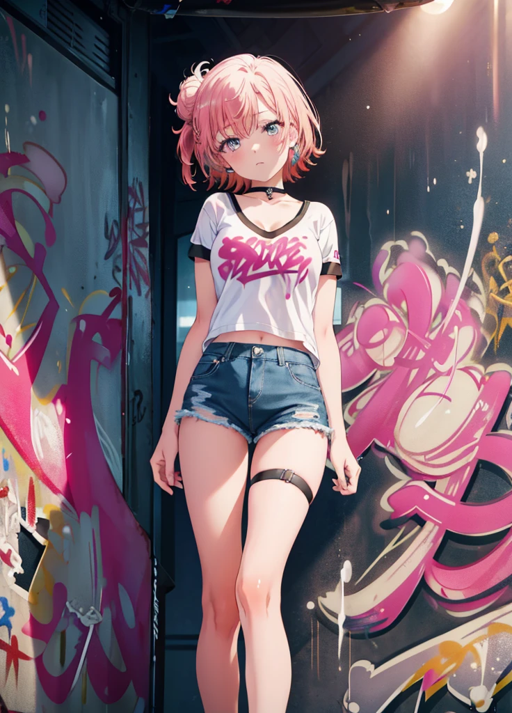 table top, high quality, 最high quality, High resolution, 4K, High resolution, beautiful lighting,highly detailed face, well drawn hands, beautifully drawn legs,well drawn feet,well drawn eyes,1 girl, short hair, pink hair, pink eyes, Yui, bun hair,denim shorts, choker, (graffiti:1.5), paint splatters, turn your arms behind your back, towards the wall, looking at the viewer, armband, thigh strap, paint on the body, head tilt, was bored, headset,(masterpiece:1.2), 最high quality, High resolution, unity 8k wallpaper, (figure:0.8), (beautiful and fine eyes:1.6), highly detailed face, perfect lighting, Very detailed CG, (perfect hands, perfect anatomy),