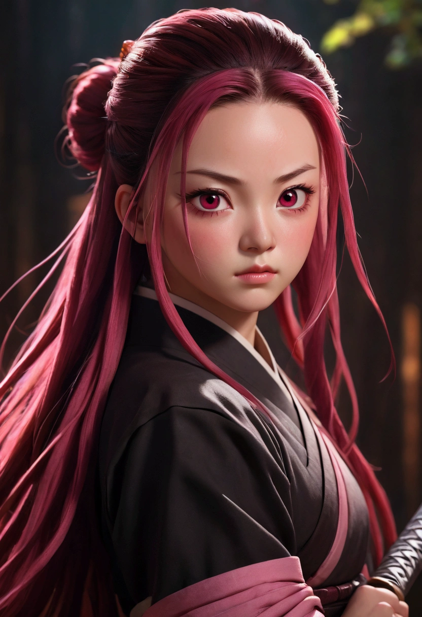 realistic demon slayer nezuko, 1girl, detailed face, beautiful detailed eyes, beautiful detailed lips, extremely detailed face, detailed hair, long hair, demon, slayer uniform, sword, red eyes, pink hair, standing pose, detailed background, cinematic lighting, dark fantasy, digital painting, highly detailed, 8k, photorealistic