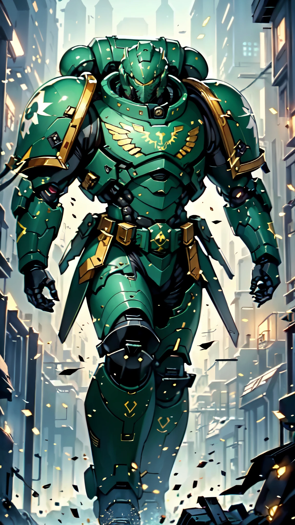 (masterpiece:1.5, best quality:1.5, extremely delicate:1.5), ((male:1.5)), a man wearing a full-face helmet, a biotech armored combat suit, green eyes, (a composite layered chest armor), fully enclosed shoulder guards, matching arm and leg guards, a belt of gemstone, (the color scheme is primarily black with green and red accents), the design balances heavy with agility, a high-tech bio-mecha armor, (Armor Concept Inspired by Space Marines, stand of a futuristic sci-fi city), this character embodies a finely crafted fantasy-style armored hero in anime style, exquisite and mature manga art style, (element, plasma, energy, the armor glows), metallic, high definition, highres, ultra-detailed, ultra-fine painting, professional, perfect body proportions, golden ratio, anatomically correct, symmetrical face, extremely detailed eyes and face, high quality eyes, creativity, RAW photo, UHD, 32k, Natural light, cinematic lighting, masterpiece-anatomy-perfect