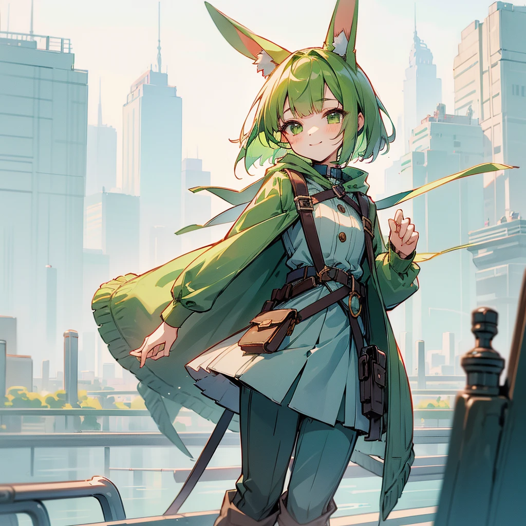 (long Green rabbit ears), green animal ears, (1 girl), green hair, green eyes, bob cut, thin eyebrows, smiling, young, alone, Lolita, childhood, child, short, overall, coat, long boots, red hood, wide pants, harness, fingerless globe, belt, waist pouch, in the city, tiny, baby face, pastel academia, cel anime, upper body, half body photo足をフレーム外へ, 足をフレーム外へ, 