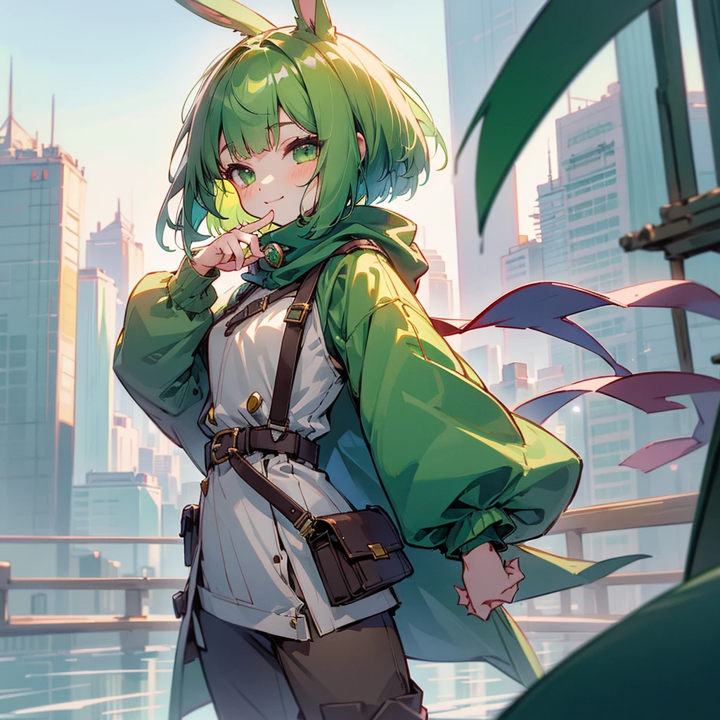 (long Green rabbit ears), green animal ears, (1 girl), green hair, green eyes, bob cut, thin eyebrows, smiling, young, alone, Lolita, childhood, child, short, overall, coat, long boots, red hood, wide pants, harness, fingerless globe, belt, waist pouch, in the city, tiny, baby face, pastel academia, cel anime, upper body, half body photo足をフレーム外へ, 足をフレーム外へ, 