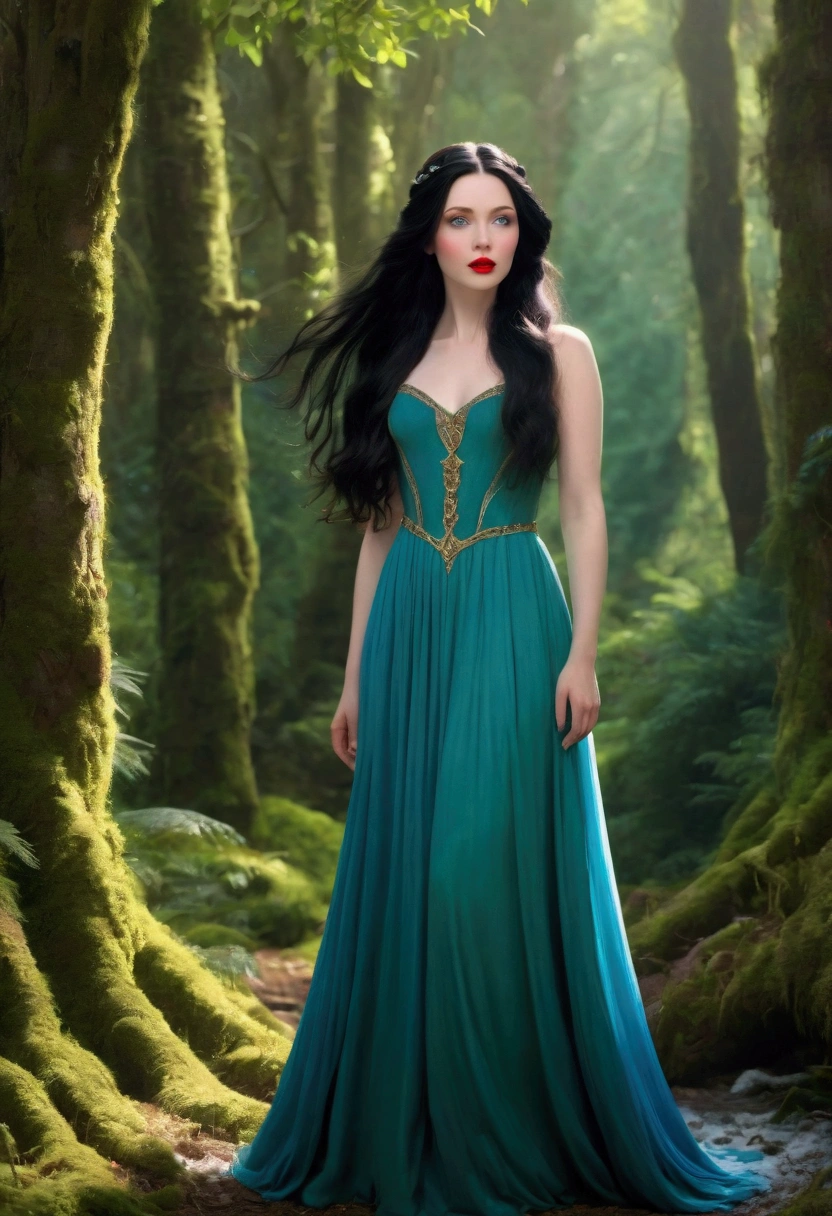 A beautiful young woman with long flowing black hair, porcelain skin, bright red lips, and piercing blue eyes, wearing a flowing dress, standing in a lush green forest surrounded by tall trees, snow-covered mountains in the background, magical and whimsical atmosphere, (best quality,4k,8k,highres,masterpiece:1.2),ultra-detailed,(realistic,photorealistic,photo-realistic:1.37),princess, fantasy, fairytale, cinematic lighting, dramatic shadows, vibrant colors, dreamlike, ethereal