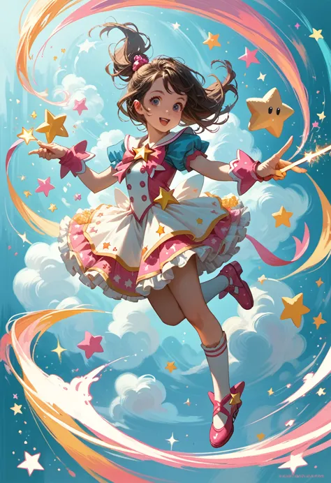 magical girl twirling in the air, colorful star gradients from their fingertips, magic sticks, cute mascot sidekicks, and colorf...