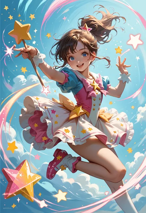 magical girl twirling in the air, colorful star gradients from their fingertips, magic sticks, cute mascot sidekicks, and colorf...