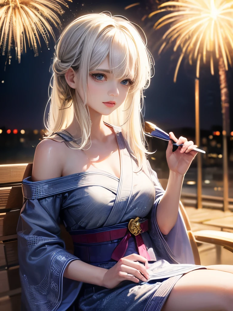 ((masterpiece, Highest quality, Super Definition, High definition)), alone, beautiful girl, Delicate depiction, Shining Eyes, Perfect Eyes, Soft skin texture,Soft and attractive lips, Blue Theme, Yukata, Fireworks: 1.2, Physically Based Octane Rendering, 