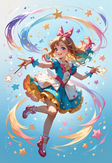 magical girl twirling in the air, colorful star gradients from their fingertips, magic sticks, cute mascot sidekicks, and colorf...