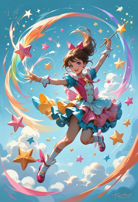 magical girl twirling in the air, colorful star gradients from their fingertips, magic sticks, cute mascot sidekicks, and colorf...