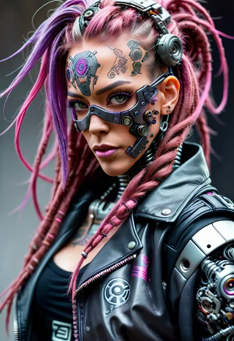 realistic dynamic pose photo cyber punk female cyborg with long untamed pink and purple dreads, wires and robotic parts, a mecha...