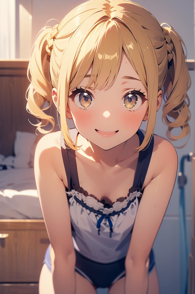 masterpiece, Highest quality, 1 girl, Beautiful face in every detail, short hair, Wavy Hair, Twin tails, Blonde, French Braid, Embarrassing, (Sweat), , matanozoki, Forward bending, Standing, [From behind, upside down, smile, panties