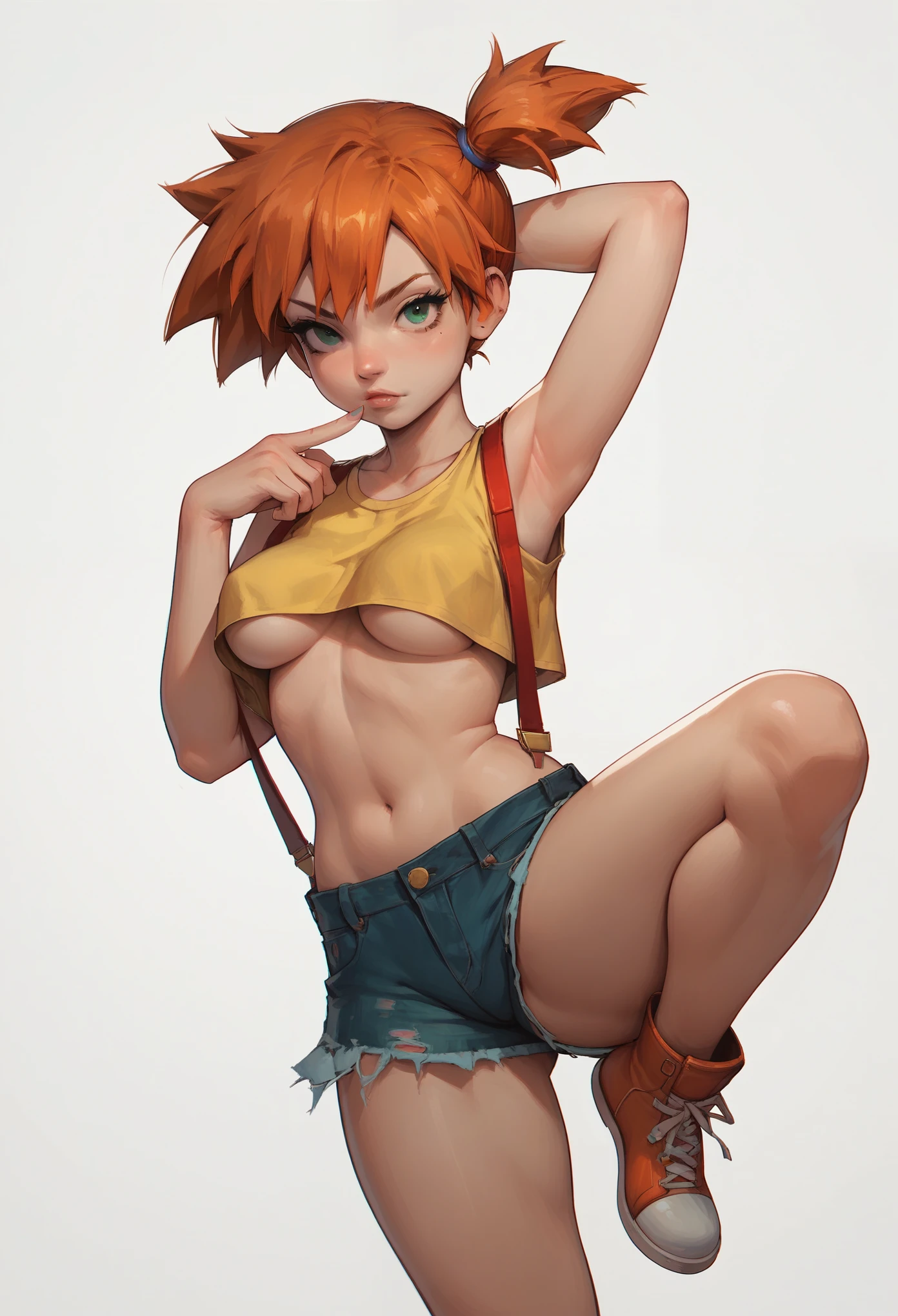 score_9, score_8_up, score_8, score_9, 1girl, source_anime, misty, kasumi from pokemon, perfect breast, medium breast, underboob, thicc thighs, one leg is raised up, one hand behind head, indoor