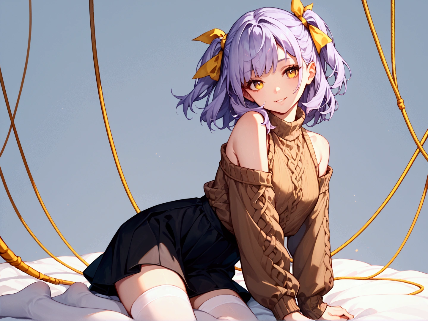 score_9, score_8_up, score_7_up, 1girl, solo, light purple hair, medium hair, two-side up, hair ribbon, yellow ribbon, yellow eyes, smile, faint lips, brown sweater, cable knit, black skirt, bare shoulders, white thighhighs