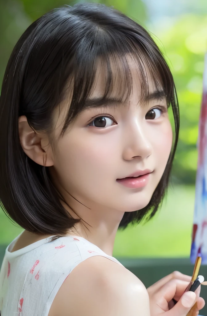 Female junior high school student、Holding a paintbrush、Drawing a picture、quiet、beautiful girl、Baby Face、、8k、masterpiece、(Realistic:1.2)、比類のないmasterpiece, Ultra-realistic 8K CG, A clean and beautiful face, Glowing Skin, Skin Dentition, Highest quality, Ultra-high resolution, Photorealistic