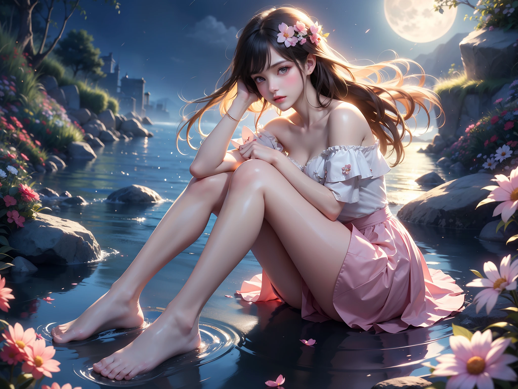 off-shoulder 比基尼
off-shoulder 比基尼, [insert color] 比基尼 , (High quality details), 1 Girl, solo, Young women, Elegant Posture, ((night, moonlight)), (Female figure，Lying in the water naturally，River Water，rock, Relaxed expression), (Focus on natural body posture and correct anatomy:1.3), (Perfect leg proportions:1.3)，(True and accurate leg shape:1.2), ((Natural leg position)), The skirt is very short, One hand stroked the hem of the skirt, Lift the hem of your skirt, Bare shoulders, Natural posture, Soft expression, Exquisite makeup, Soft blush, Bright Eyes, Soft lips, Flower fairy style, ((Anatomically accurate)), (Real natural legs), Smooth skin, Soft lighting, high resolution, 8K Ultra HD, Clear focus, Professional photography effects, Random elegant scenes, Multi-angle shooting