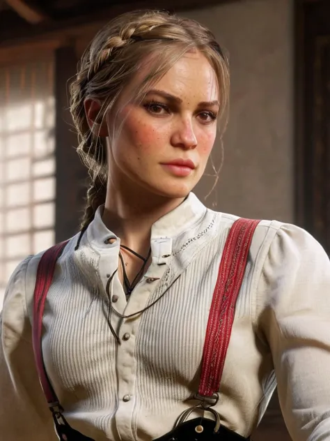 a girl in a white wool blouse, pawn, braided short blonde hair, 1girl, solo, upper body, arms up, red dead redemption style, hig...