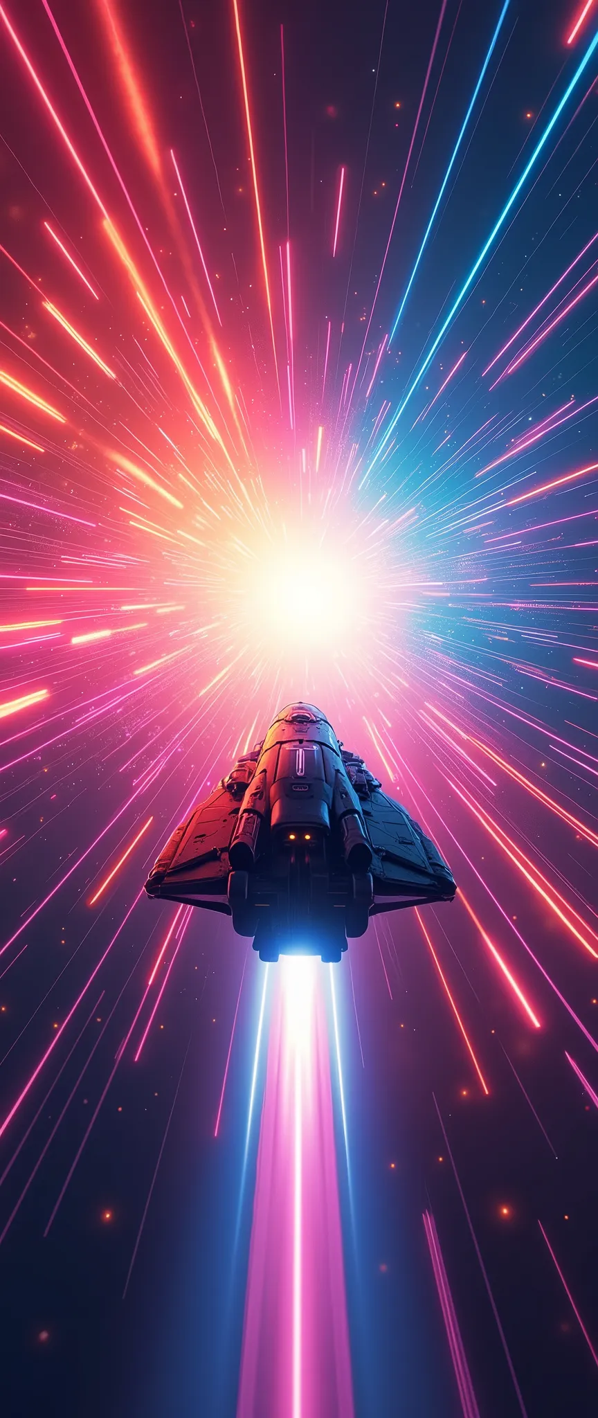 (masterpiece:1.2,Highest quality,mirror-like,Cinematic Experience,Very detailed,The best illustrations),8k,wallpaper,Vector art,Amazingly colorful,(A small spaceship is traveling at warp speed:2.0),(Rear view of a small spacecraft:2.0),(The background is a colorful light gradient wormhole made up of countless light lines.:2.0),Vibrant colors,Beautiful colors,Vector illustration,(Colorful gradient:2.0)