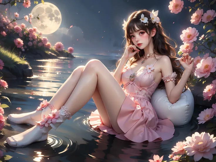 jirai kei, , (high quality details), 1 girl, solo, young women, elegant posture, ((night, moonlight)), (female figure，lying in t...